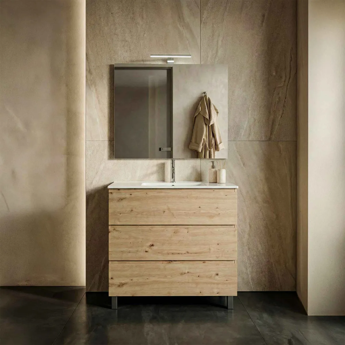 Meuble de salle de bain suspendu 80cm en bois naturel noué ARMONY