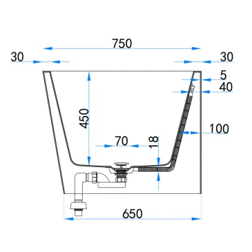 Vasca da Bagno 160x75 da Appoggio ad angolo e Piletta Clic Clac Destra RIVER