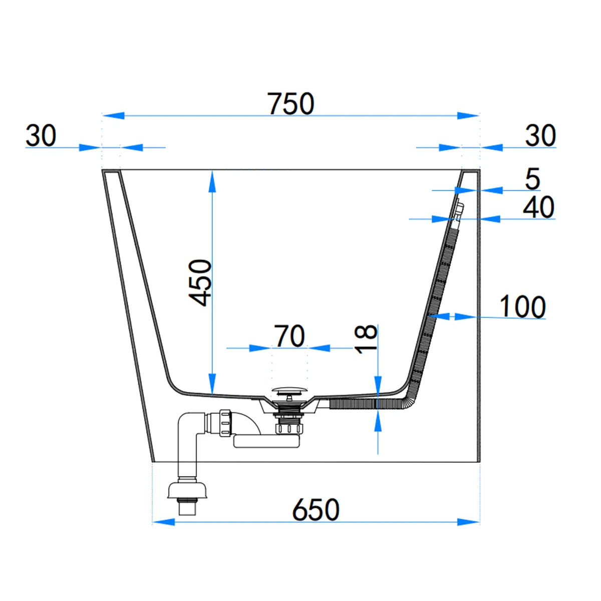 Vasca da Bagno 160x75 da Appoggio ad angolo e Piletta Clic Clac Destra RIVER
