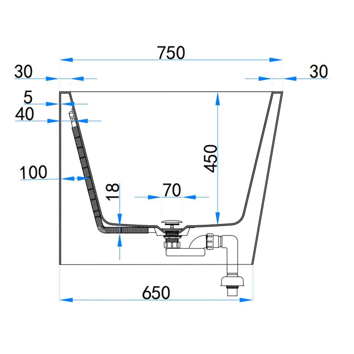 Vasca da Bagno 160x75 da Appoggio ad angolo e Piletta Clic Clac Sinistra RIVER