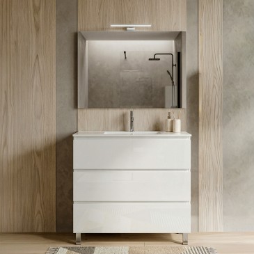 Meuble de salle de bain sur pied de 80 cm avec 3 tiroirs, en porcelaine blanche