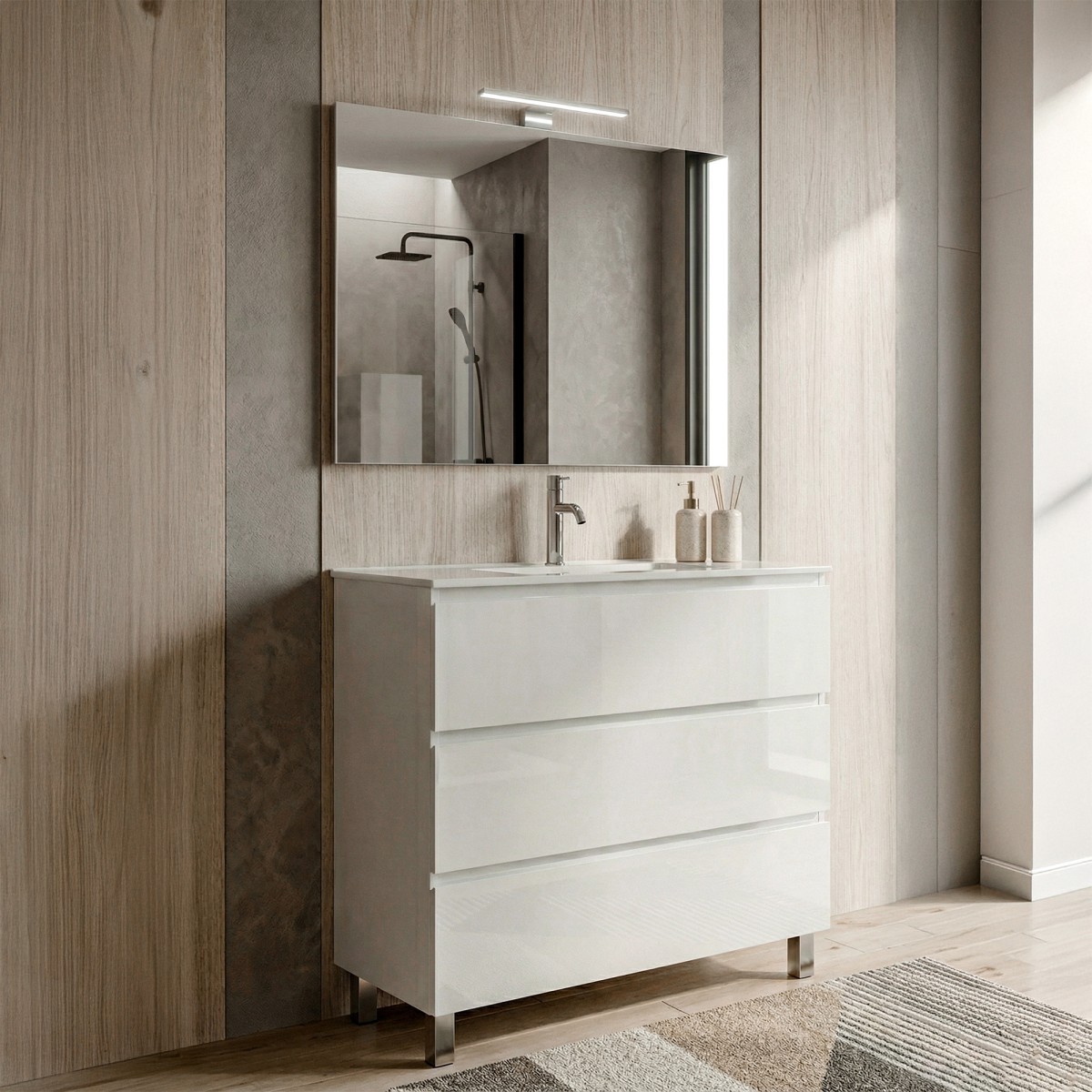 Meuble de salle de bain sur pied de 80 cm avec 3 tiroirs,...