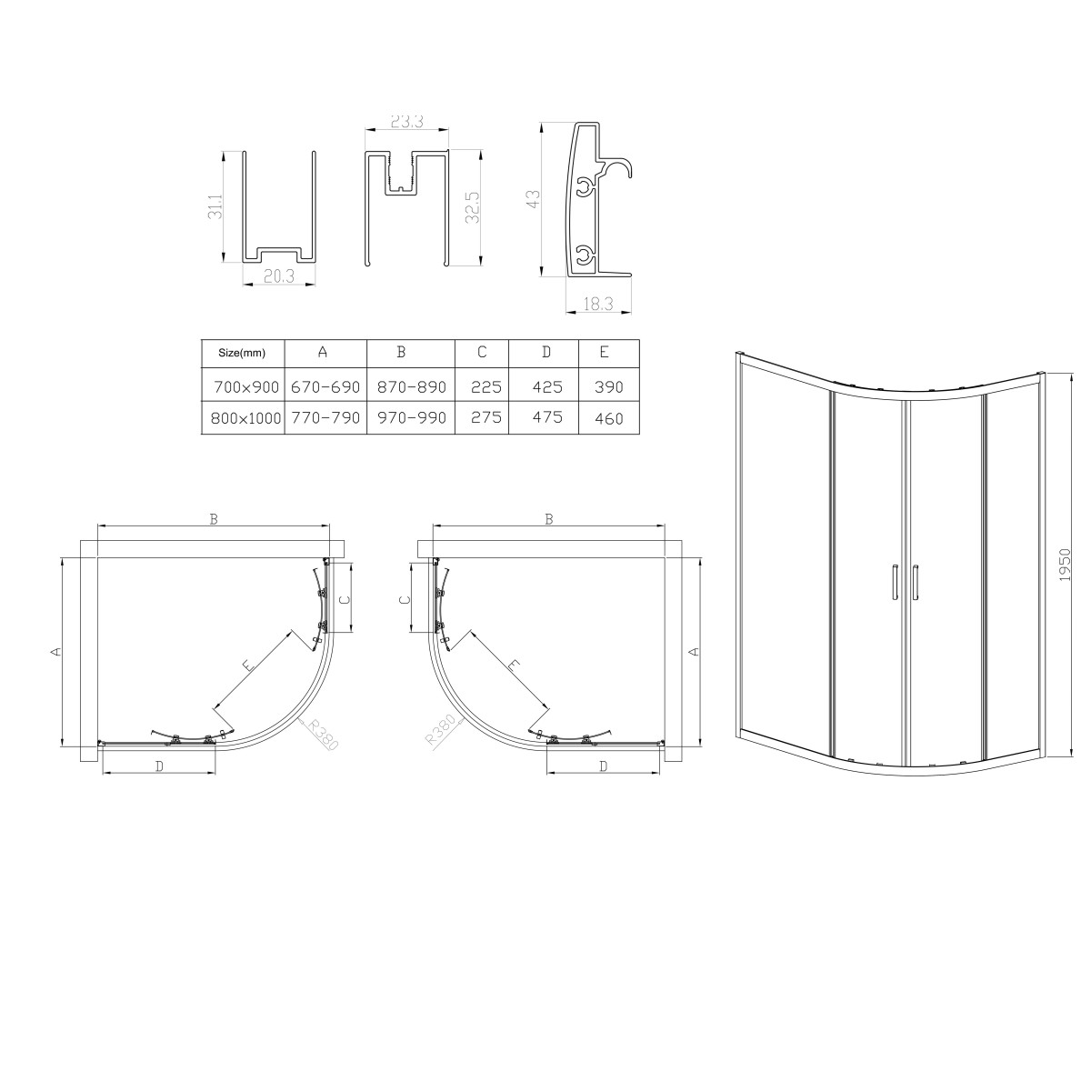 Paroi de douche semi-circulaire 70x90 hauteur 195cm