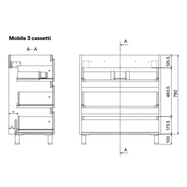 Meuble de salle de bain sur pied de 80 cm avec 3 tiroirs, en porcelaine blanche