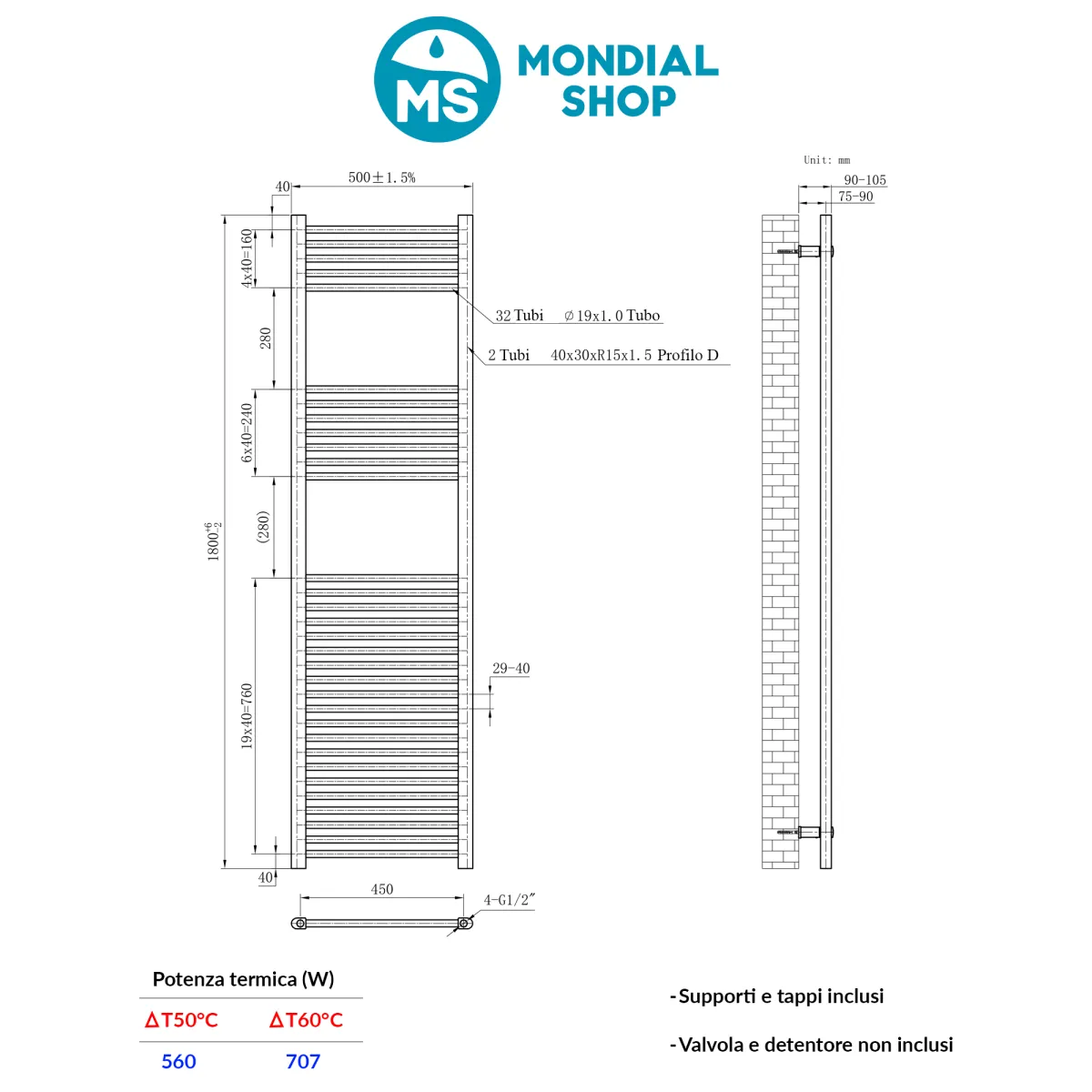 Sèche-serviettes pour radiateur 180x50 chromé, entraxe 450 mm