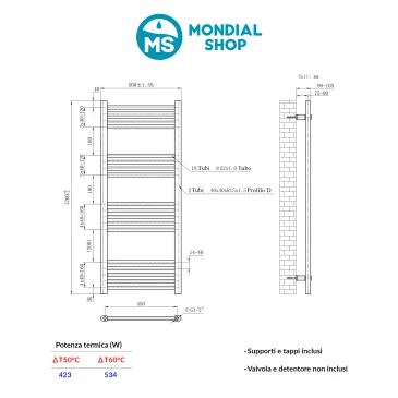 Scaldasalviette nero opaco interasse 45 altezza 120 larghezza 50
