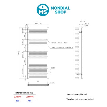 Termoarredo Scaldasalviette Bagno ad Acqua 1200x500 Cromato - Interasse 450 mm | SARA