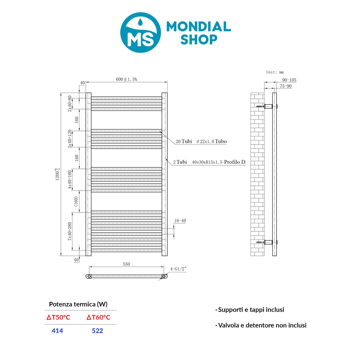 Termoarredo Scaldasalviette Bagno ad Acqua 1200x600...