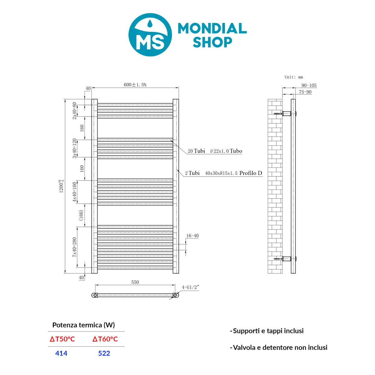 Termoarredo Scaldasalviette 1200x600 Cromato interasse 550 mm - SARA