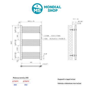 Mattschwarzer Handtuchwärmer, Achsabstand 45, Höhe 80, Breite 50