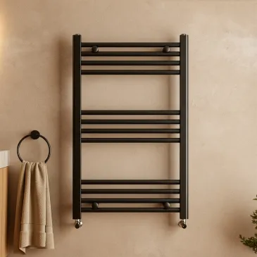 Sèche-serviettes noir mat, entraxe de 45 cm, hauteur de 80 cm, largeur de 50 cm