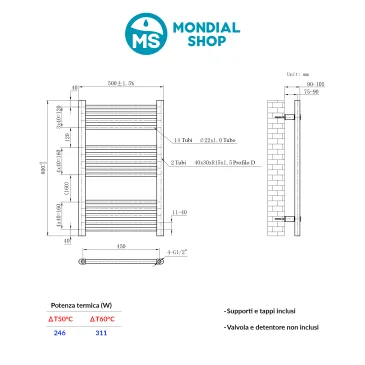 Termoarredo Scaldasalviette 800x500 Cromato interasse 450 mm - SARA