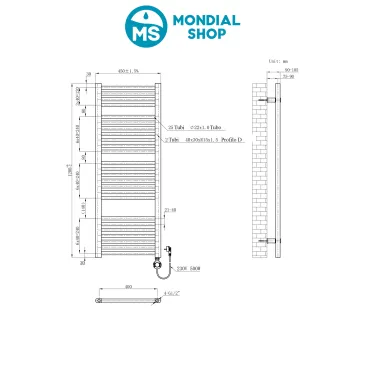 Radiateur électrique 1200 x 450 mm, puissance 500 W, thermostat électronique