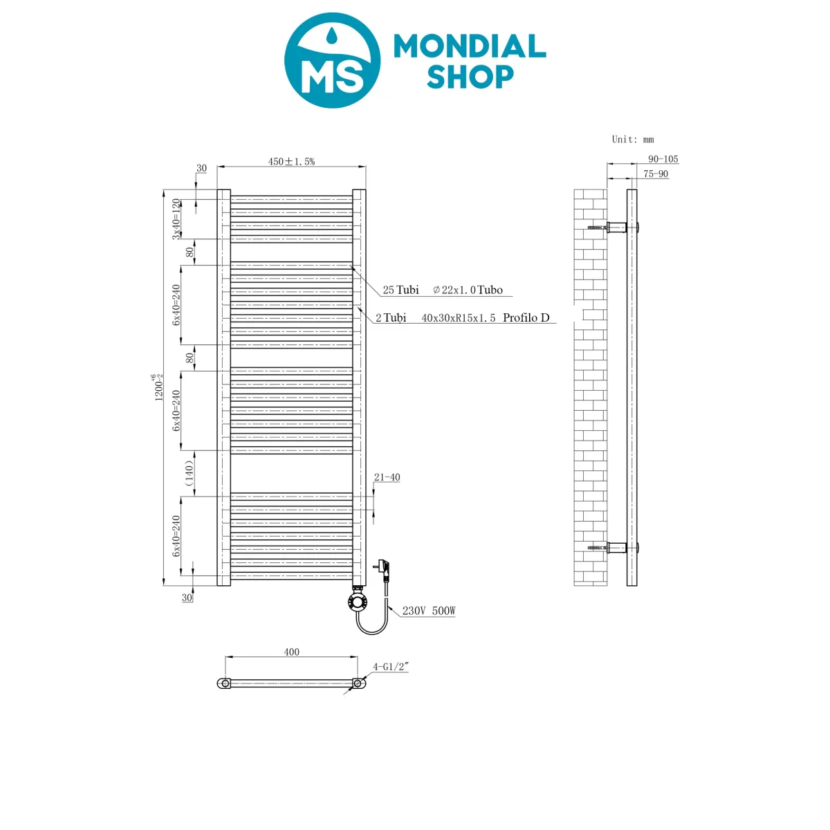 Termoarredo elettrico 1200x450 mm potenza 500W Termostato elettronico
