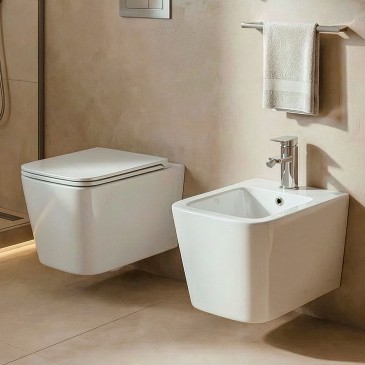 Toilettes et bidet suspendus carrés Henry blanc brillant