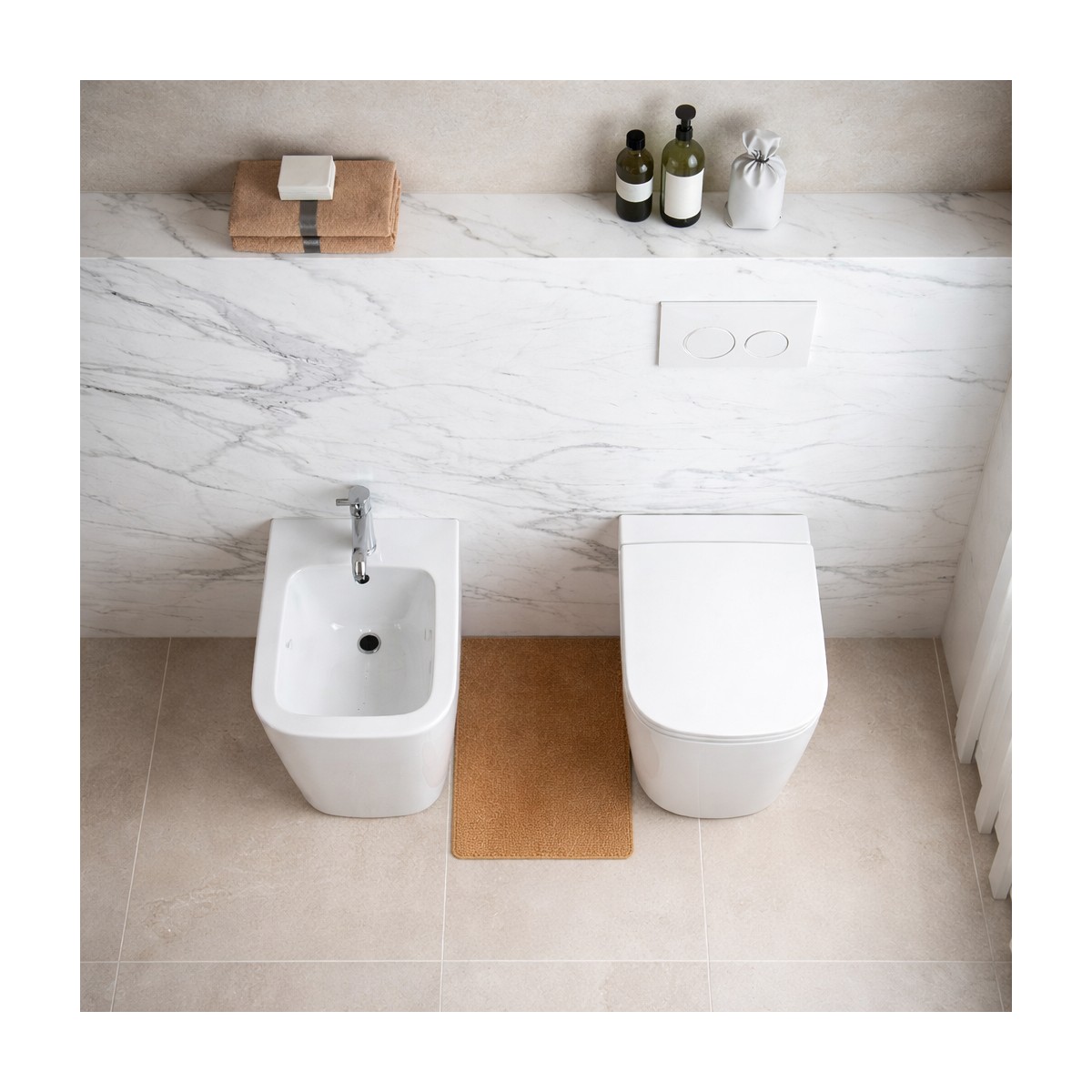 Quadratische, wandhängende Toilette und Bidet | New Legend