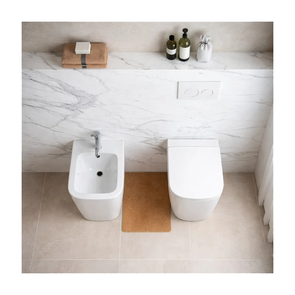 Quadratische, wandhängende Toilette und Bidet | New Legend