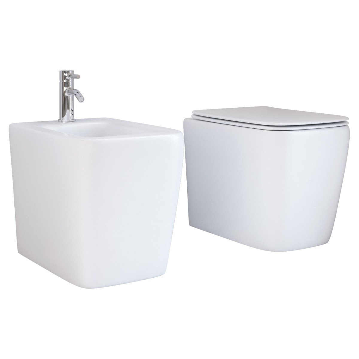 Quadratische, wandhängende Toilette und Bidet | New Legend