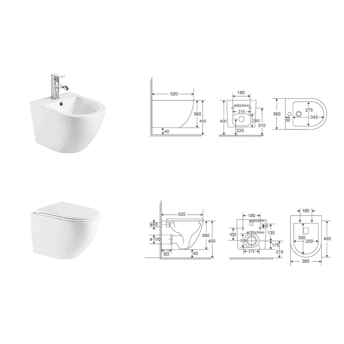 WC suspendu sans bride et bidet Moon blanc