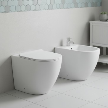 Sanitari filo muro wc e bidet traslati con sedile rallentato rimless | Nemesi