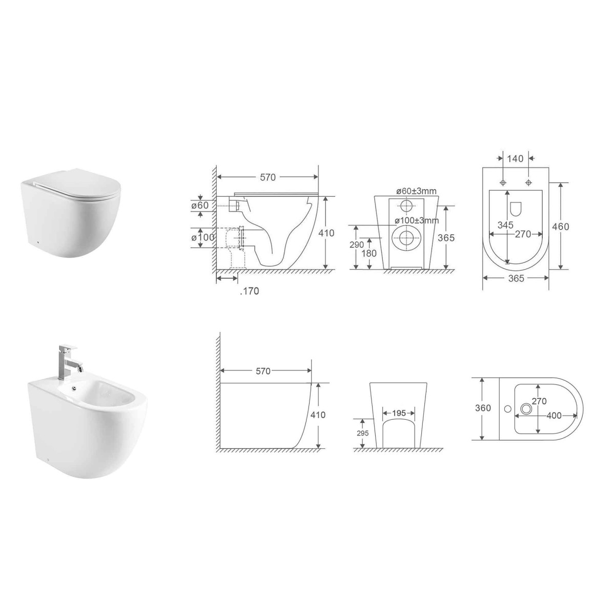 Randlose Toilette und Bidet mit Zyklonspülung MOON