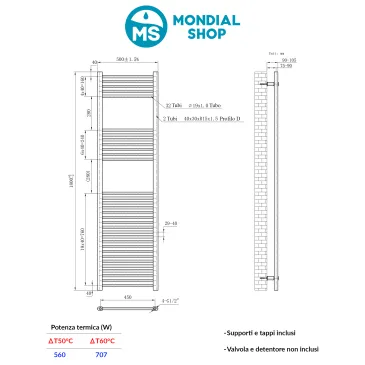 Radiatore Termoarredo scaldasalviette 100x500 bianco interasse 450 mm