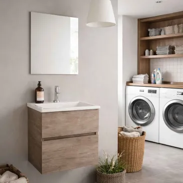 Hängender Waschschrank mit Waschbecken ohne Presse in Natural Olmo