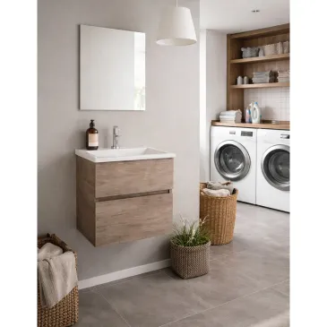 Hängender Waschschrank mit Waschbecken ohne Presse in Natural Olmo