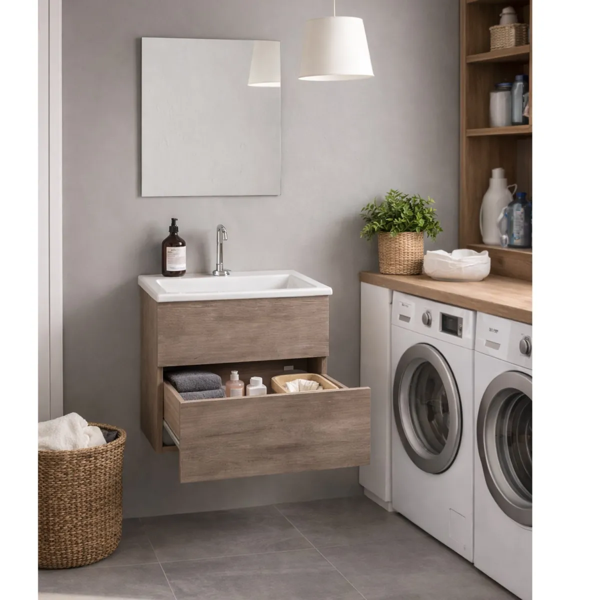 Hängender Waschschrank mit Waschbecken ohne Presse in Natural Olmo