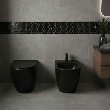 Toilettes blanches à montage affleurant, bidet et siège à fermeture amortie inclus.