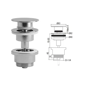 Piletta di scarico cromata con tappo piatto flat universale clic clac