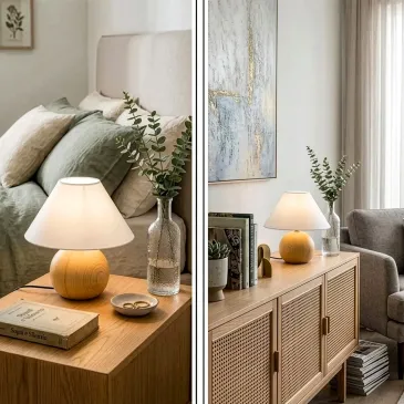 Lampe de table en pin clair et blanc effet bois | MondialShop