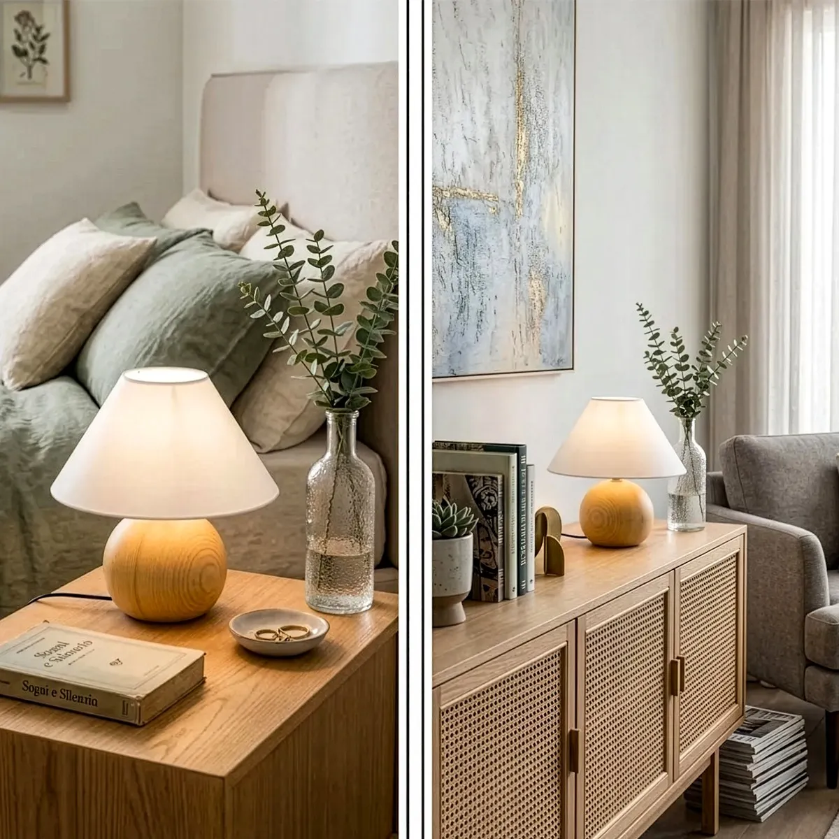 Lampe de table en pin clair et blanc effet bois | MondialShop