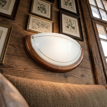Applique murale Lunette en verre blanc et bois, E27 | Mondialshop