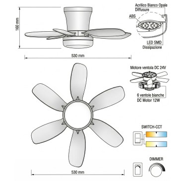 LED-Deckenleuchte mit Ventilator, weiß, 10 W, 1100 lm (Farbtemperatur), dimmbar, mit Infrarot-Fernbedienung, 16 x 53 cm