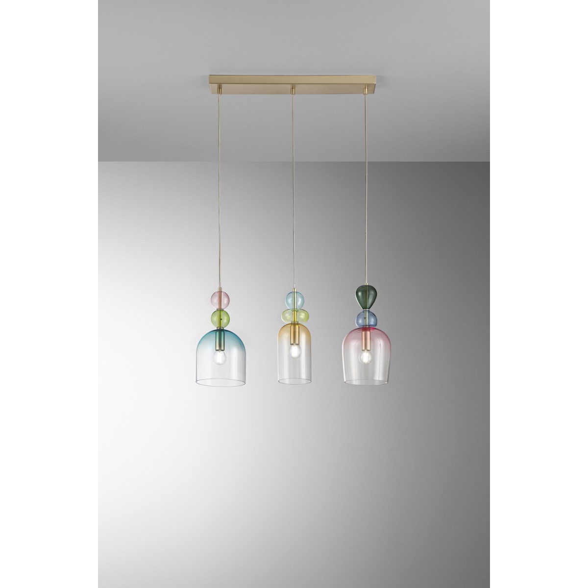 SOSPENSIONE GAUDI TRE PENDENTI IN VETRO 3XE14 62X16X185,5CM