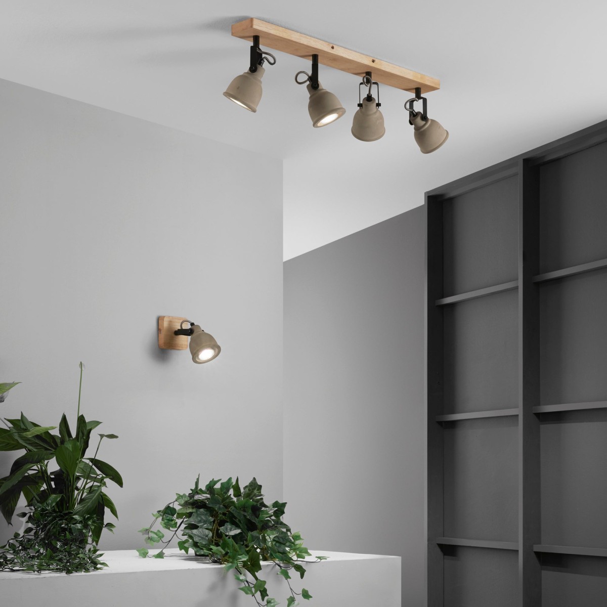 Plafonnier gris et bois avec 4 ampoules GU10 | Mondialshop