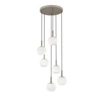 Suspension ERIS blanche et marron, six suspensions en aluminium et verre, 6 x E14, 106 x 16 x 150 cm