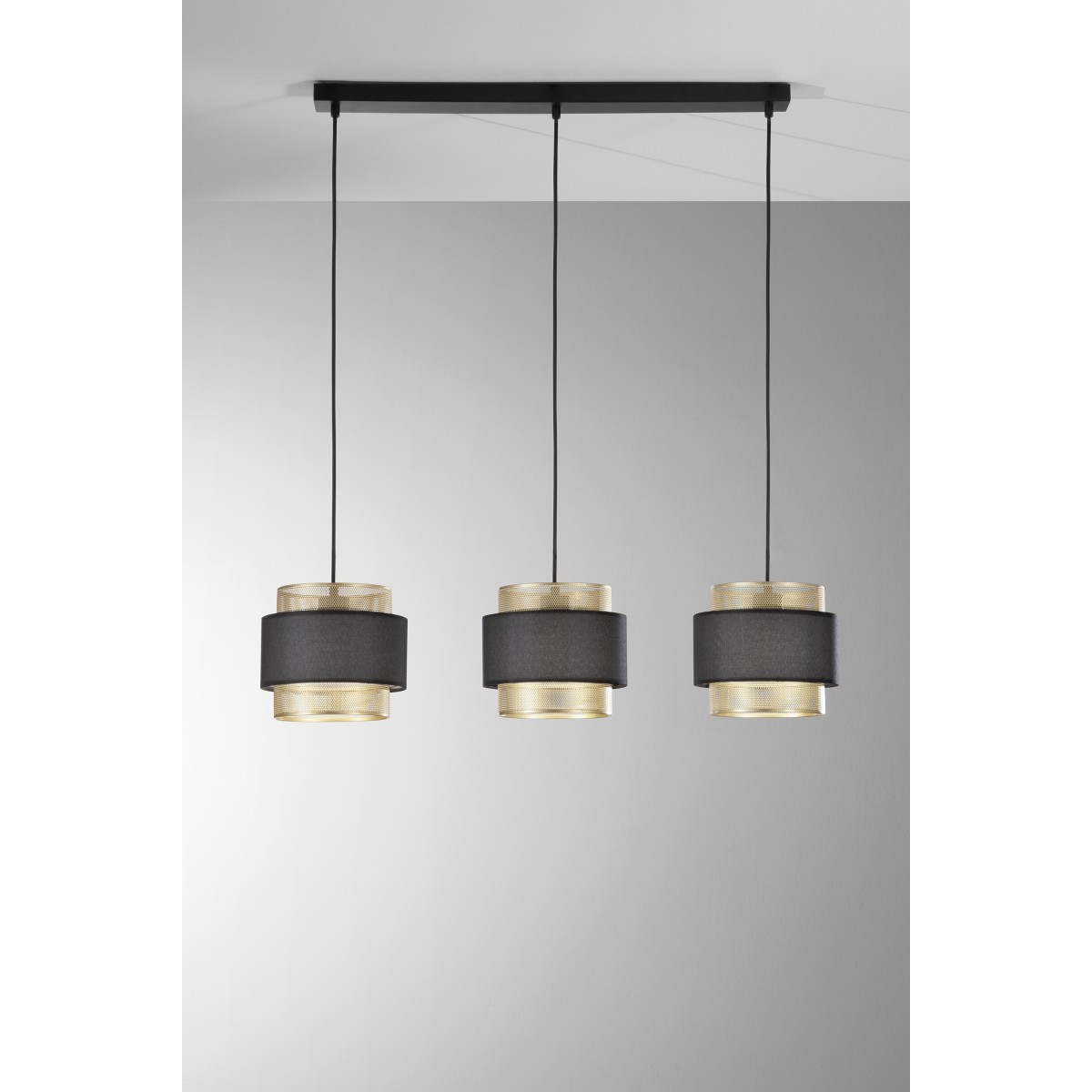 Lounge-Hängeleuchte mit drei Anhängern, gold-schwarzes...