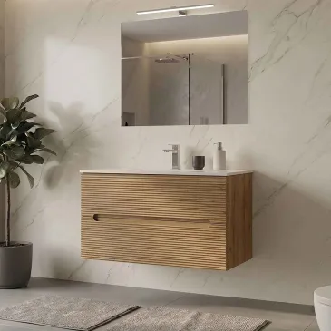 Mobile bagno sospeso rovere farnia cannettato specchio e luce omaggio