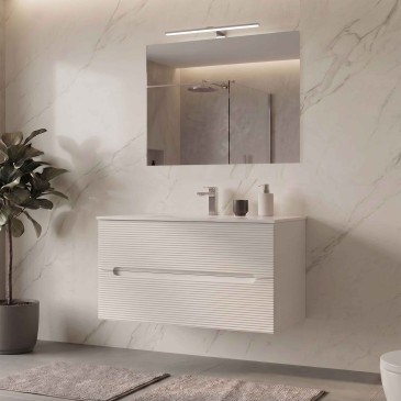 Mobile cannettato con lavandino ceramico Specchio e Lampada - Bianco 60 80 100