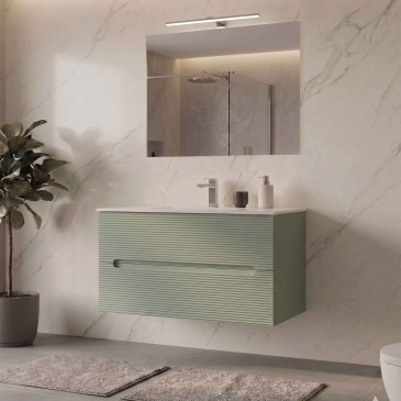 Schilfschrank mit Keramikwaschbecken, Spiegel und Lampe - Salbei 60 80 100