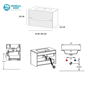 Mobile bagno sospeso rovere farnia cannettato specchio e luce omaggio