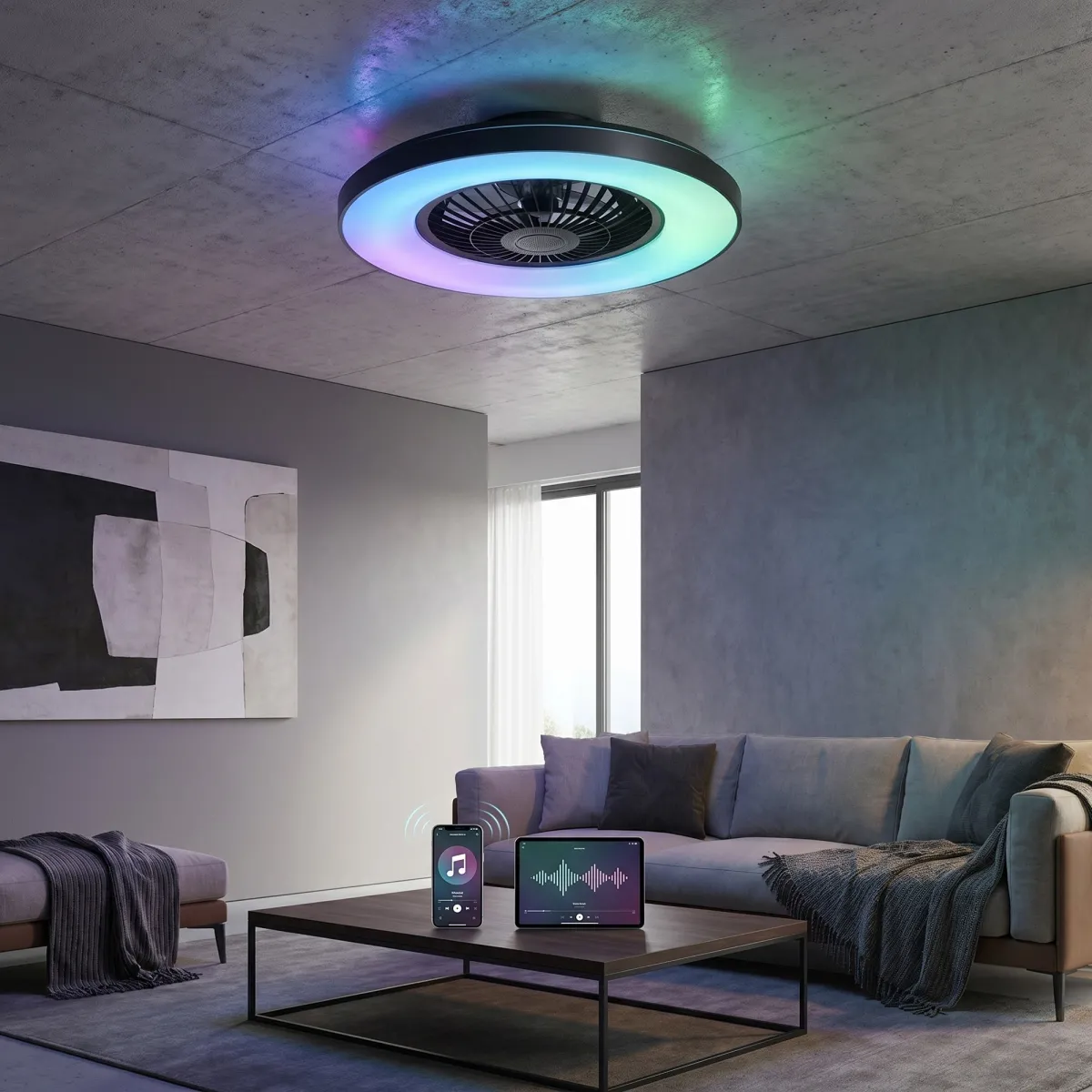 Plafoniera nera con ventilatore integrato e RF e speaker...