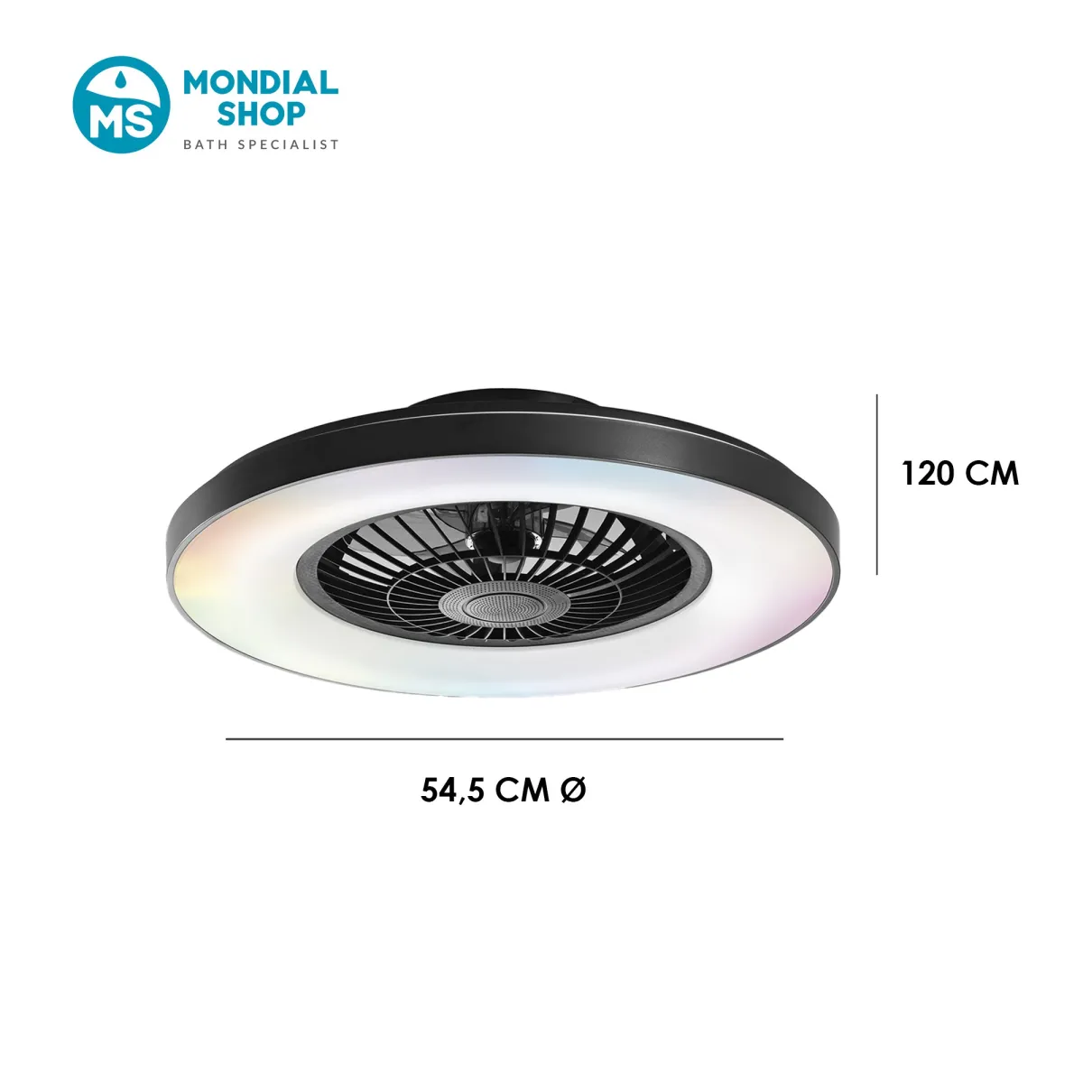 Scheda tecnica plafoniera nera con ventilatore e speaker...