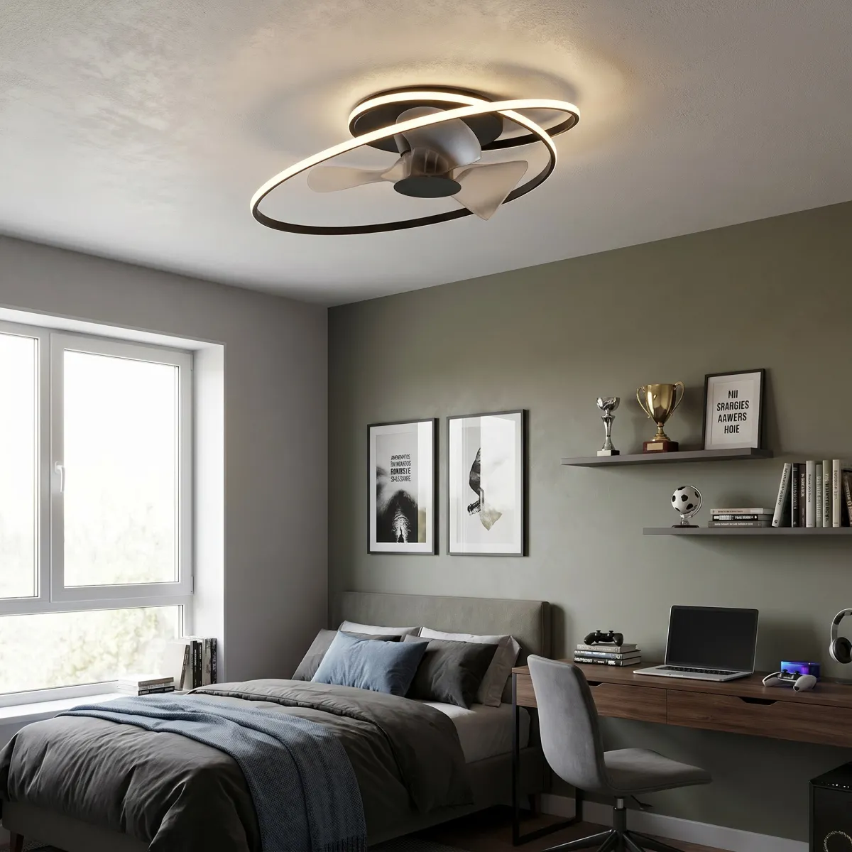 lampada LED con ventilatore a soffitto nera