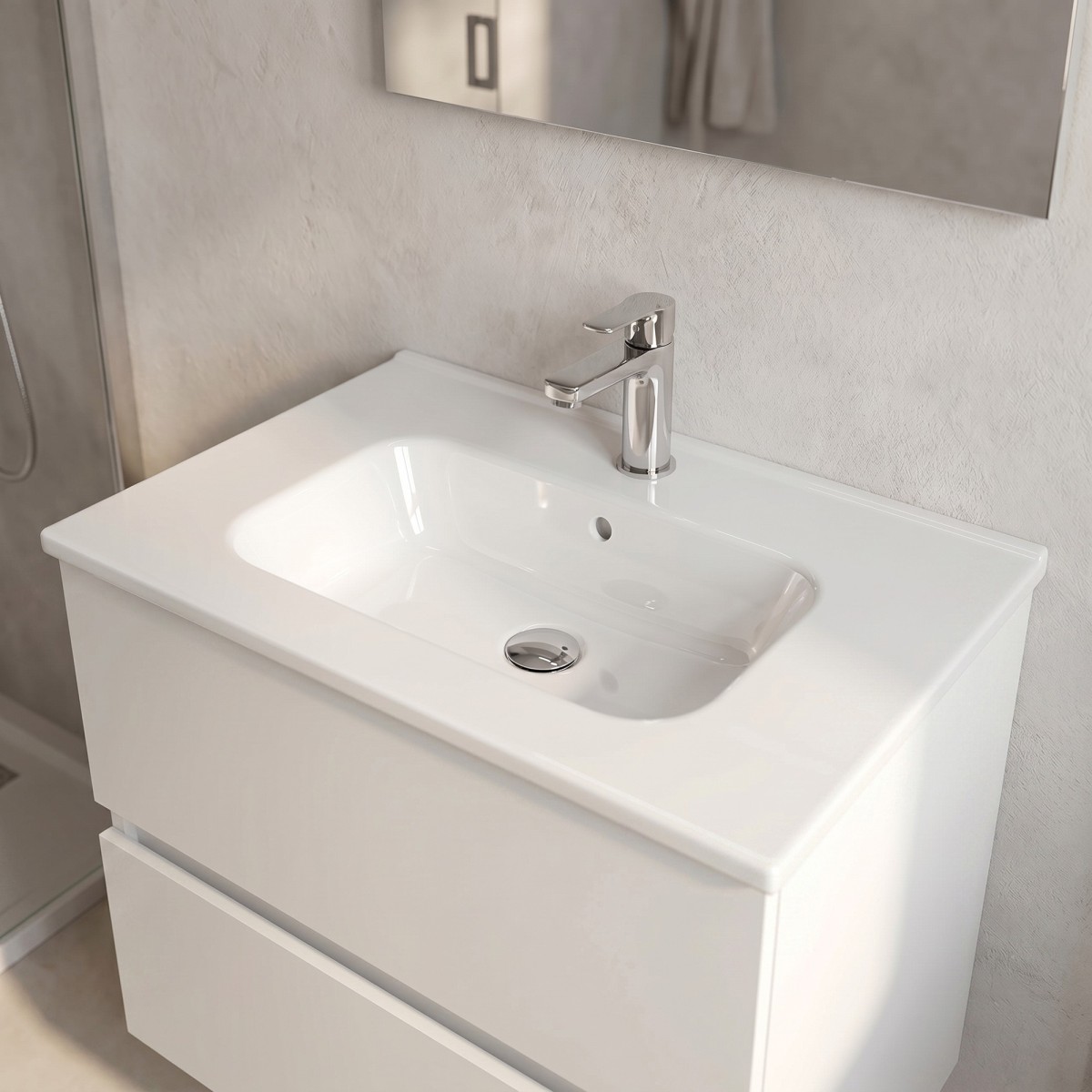 Meuble de salle de bain suspendu blanc laiteux avec...