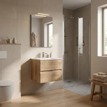 Meuble de salle de bain suspendu en chêne cannelé avec miroir et éclairage assortis