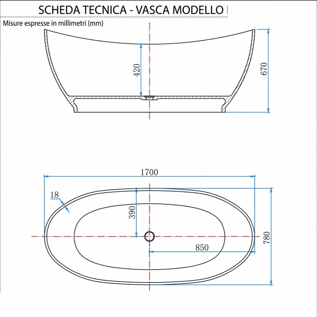 Vasca free standing traslucida bordeaux 170x78 SINFONIA