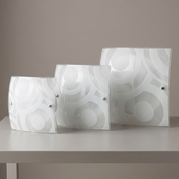 Plafoniera Quadrata Disponibile in 3 dimensioni In vetro graniglia Decoro a cerchi bianco 2X 3X 4XE27